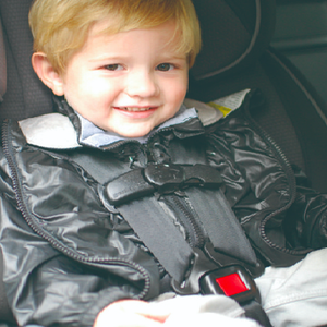 buckle child into car seat and secure harness tightly