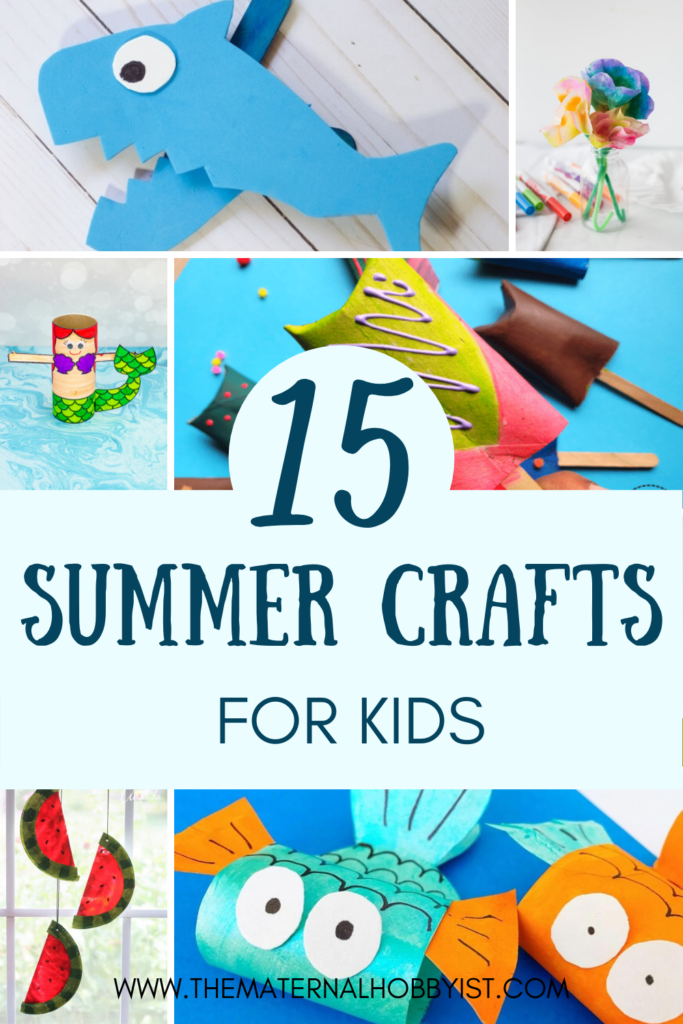 Summer Crafts for Kids with fish, paper roll crafts, foam sharks, paper flowers and suncatchers.