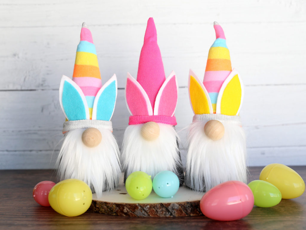 three colorful bunny sock gnomes