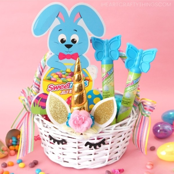 unicorn Easter basket with candy