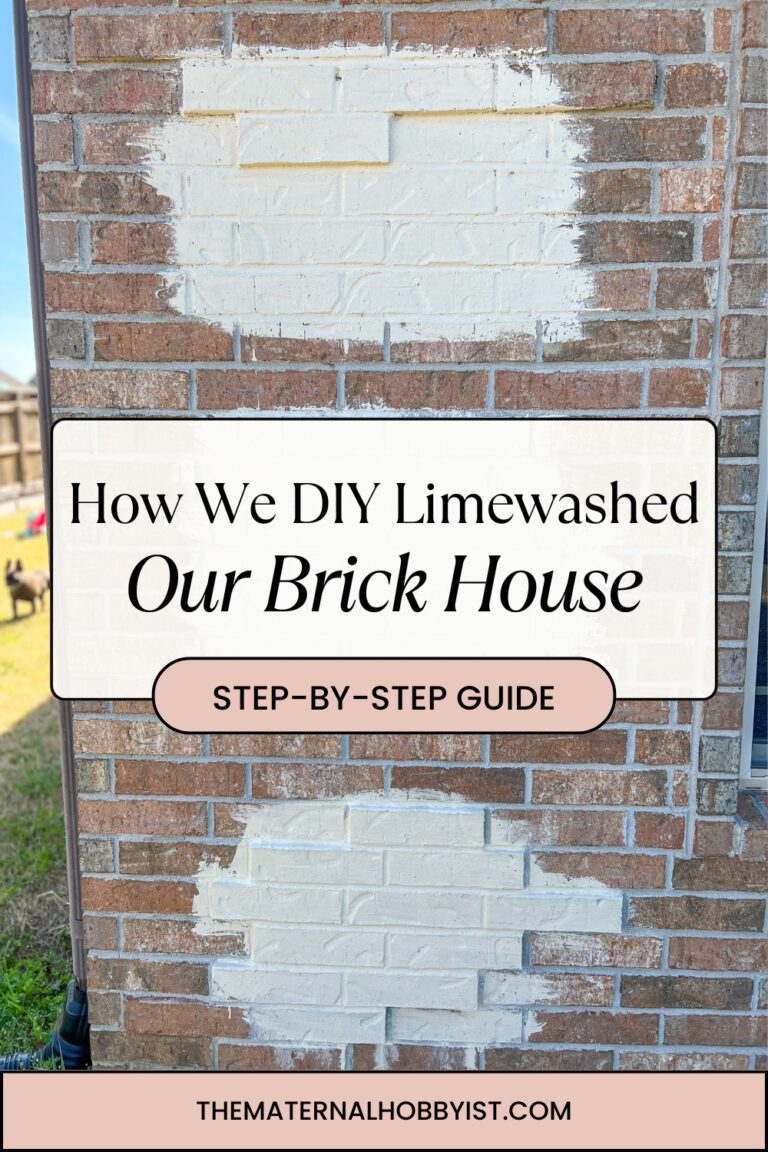 How we DIY Limewashed our brick house graphic over photo of limewash samples on side of red brick house.