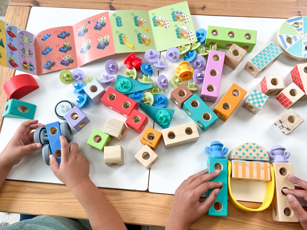 Melissa & Doug Blockables laid out on a kids table