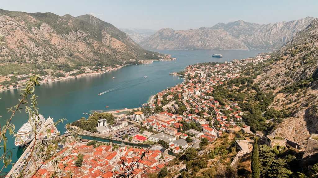 View from above looking down at Kotor, Montenegro and Kotor Bay